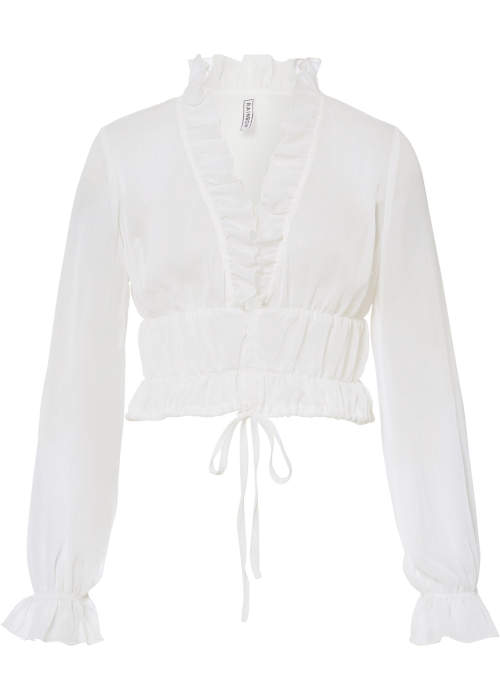 Къса бяла шифонена блуза с дантела